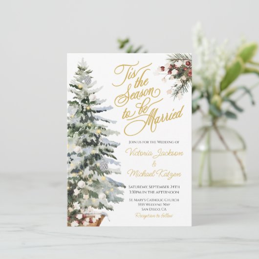 クリスマスホリデーウォーターカラーウィンターウェディング 招待状 (スタンド正面)
