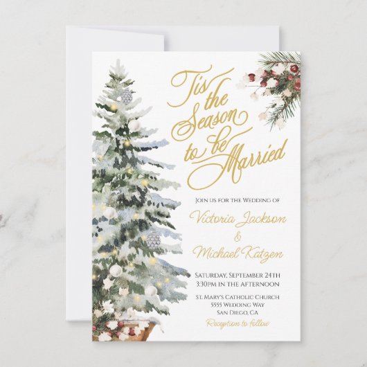 クリスマスホリデーウォーターカラーウィンターウェディング 招待状 (正面)