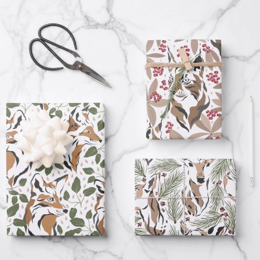 クリスマスホリデーウォーターカラーウッドランド動物 ラッピングペーパーシート (正面)