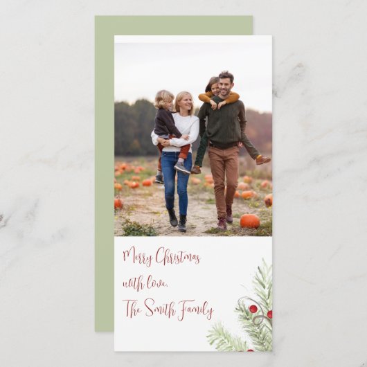 クリスマスホリデーウォーターカラーパインレッドベリー シーズンカード (正面/裏面)