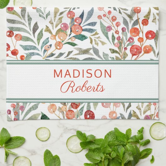 クリスマスホリデーウォーターカラーパーソナライズされたフローラ キッチンタオル (折り畳み)