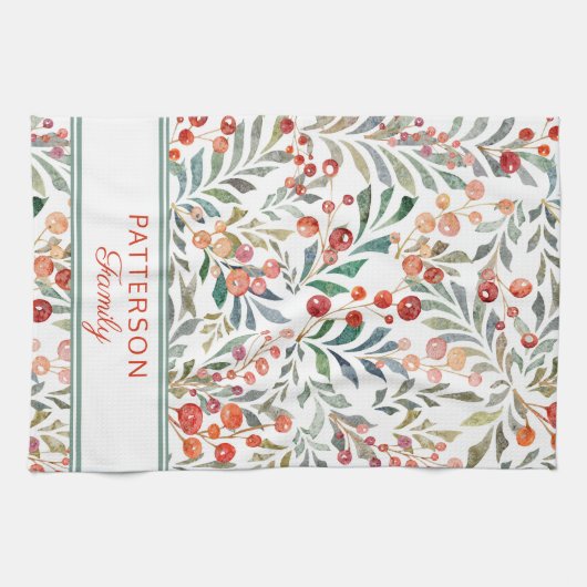 クリスマスホリデーウォーターカラーパーソナライズされたフローラ キッチンタオル (横)