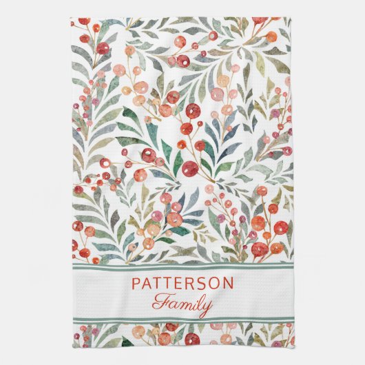 クリスマスホリデーウォーターカラーパーソナライズされたフローラ キッチンタオル (縦)