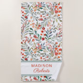 クリスマスホリデーウォーターカラーパーソナライズされたフローラ ビーチタオル (正面)