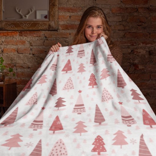 クリスマスホリデーウォーターカラーピンクローズ金ゴールドツリー フリースブランケット