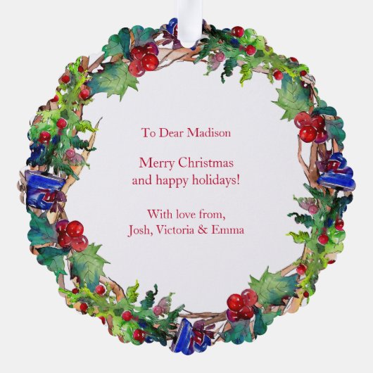 クリスマスホリデーウォーターカラーフローラリース写真 オーナメントカード (裏面)