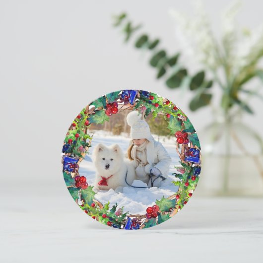 クリスマスホリデーウォーターカラーフローラリース写真 シーズンカード (スタンド正面)