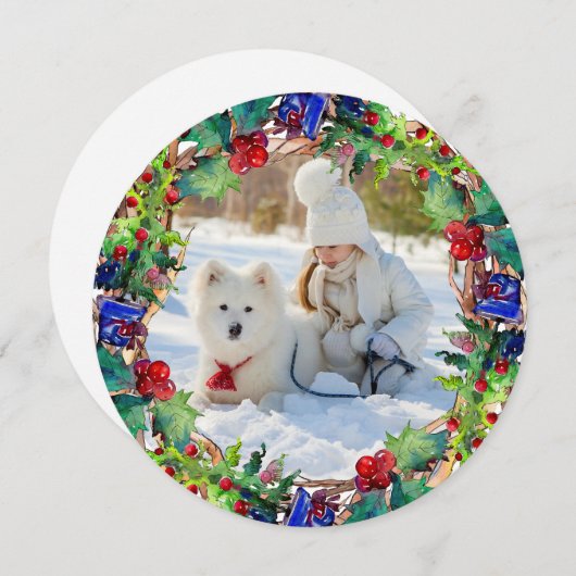 クリスマスホリデーウォーターカラーフローラリース写真 シーズンカード (正面/裏面)