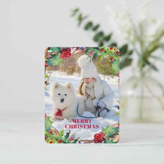 クリスマスホリデーウォーターカラーフローラリース写真 シーズンカード (スタンド正面)