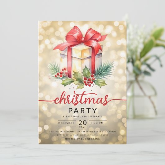 クリスマスホリデーウォーターカラー会社の《写真》ぼけ味金ゴールド 招待状 (スタンド正面)