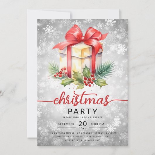 クリスマスホリデーウォーターカラー会社スノーシルバー 招待状 (正面)