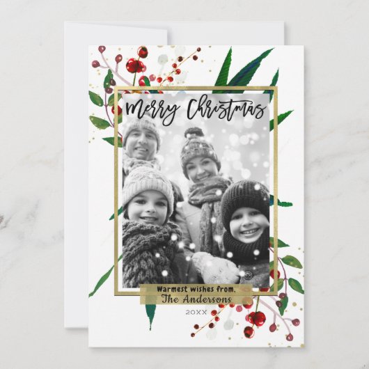 クリスマスホリデーウォーター色モダンフローラ写真 シーズンカード (正面)