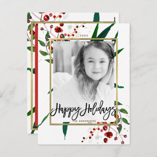 クリスマスホリデーウォーター色モダンフローラ写真 シーズンポストカード (正面/裏面)