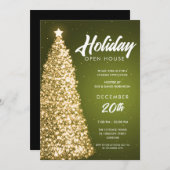 クリスマスホリデーオープンハウスパーティーグリーン金ゴールド 招待状 (正面/裏面)