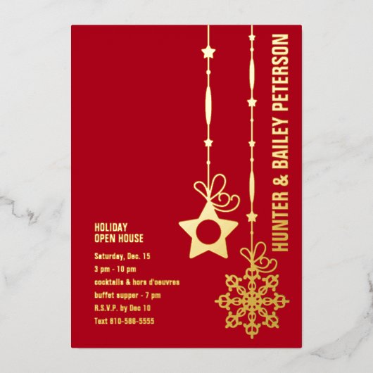クリスマスホリデーオープンハウスパーティー金ゴールド 箔招待状 (正面)