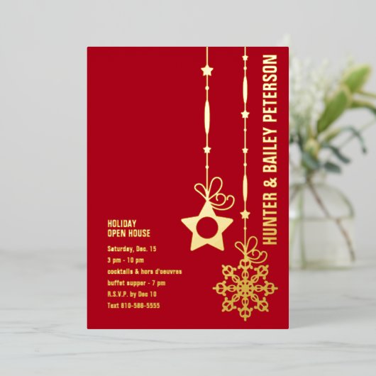 クリスマスホリデーオープンハウスパーティー金ゴールド 箔招待状 (立ち正面)