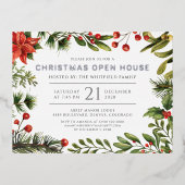 クリスマスホリデーオープンハウスボタニカルシルバー 箔招待状ポストカード (正面)