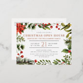 クリスマスホリデーオープンハウスボタニカルバラ金ゴールド 箔招待状ポストカード (正面/裏面)