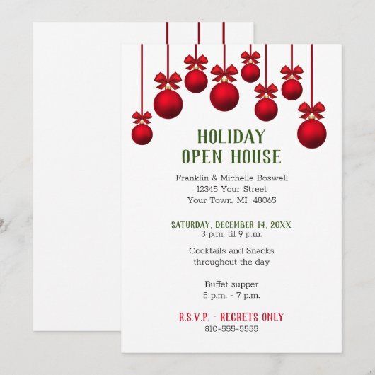 クリスマスホリデーオープンハウスレッドオーナメント 招待状 (正面/裏面)