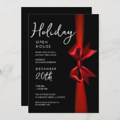 クリスマスホリデーオープンハウスレッドリボンブラック 招待状 (正面/裏面)