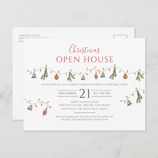 クリスマスホリデーオープンハウス素朴パーティー インビテーションポストカード (正面/裏面)