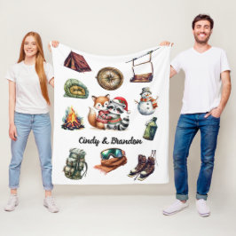 クリスマスホリデーカップル屋外キツネラクーンホワイト フリースブランケット