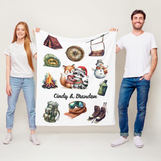 クリスマスホリデーカップル屋外キツネラクーンホワイト フリースブランケット (インサイチュ)