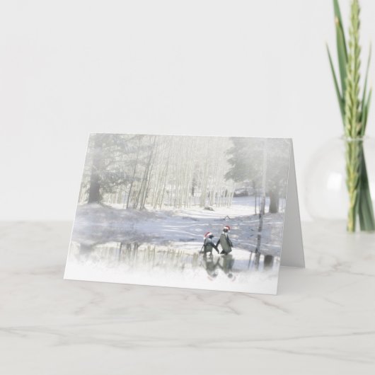 クリスマスホリデーキュートペンギンズアイススケートで滑る シーズンカード (正面)