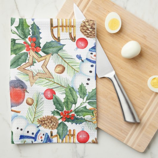 クリスマスホリデークリスマス雪だるま、パインコーン、ホリー キッチンタオル (四つ折り)