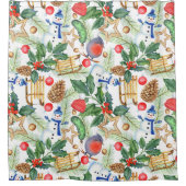 クリスマスホリデークリスマス雪だるま、パインコーン、ホリー シャワーカーテン (正面)