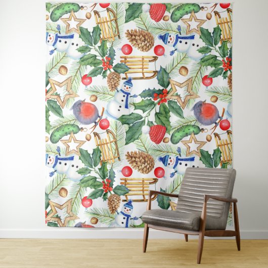 クリスマスホリデークリスマス雪だるま、パインコーン、ホリー タペストリー (インサイチュ)