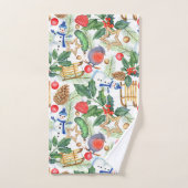 クリスマスホリデークリスマス雪だるま、パインコーン、ホリー バスタオルセット (ハンドタオル)