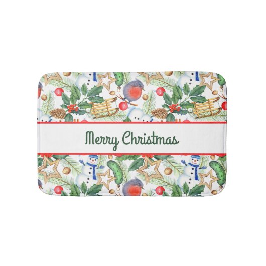 クリスマスホリデークリスマス雪だるま、パインコーン、ホリー バスマット (正面)