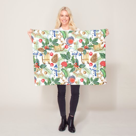 クリスマスホリデークリスマス雪だるま、パインコーン、ホリー フリースブランケット (インサイチュ)