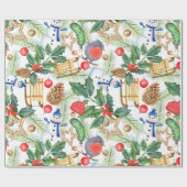 クリスマスホリデークリスマス雪だるま、パインコーン、ホリー ラッピングペーパー (フラット)