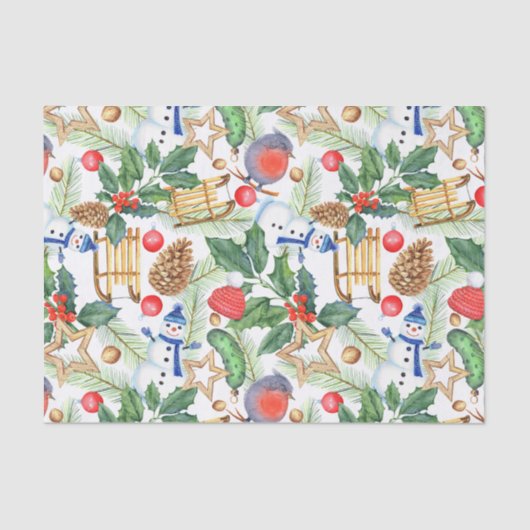クリスマスホリデークリスマス雪だるま、パインコーン、ホリー 薄葉紙 (正面)