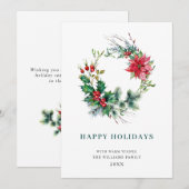 クリスマスホリデーグリーティング ポインセチアとホリーのリース シーズンカード (正面/裏面)
