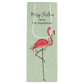 クリスマスホリデーグリーンピンクフラミンゴ雪かわいい ワインギフトバッグ (正面)