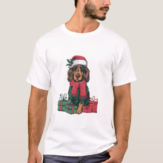 クリスマスホリデーサンタハアイリッシュセッタードドグクリスマス Tシャツ (正面)