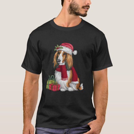 クリスマスホリデーサンタハットアフガンハウンドドッグクリスマス Tシャツ (正面)