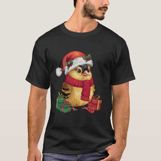 クリスマスホリデーサンタハットアメリカンゴールドフィンチバードチャール Tシャツ (正面)