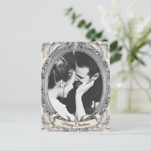 クリスマスホリデーシルバー葉リースフォトカード シーズンポストカード (スタンド正面)