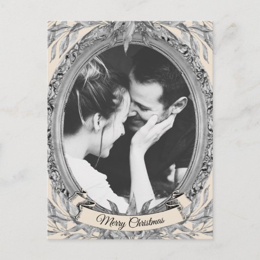 クリスマスホリデーシルバー葉リースフォトカード シーズンポストカード (正面)