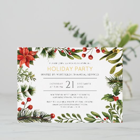 クリスマスホリデーズオフィスパーティー金ゴールド 箔招待状 (立ち正面)