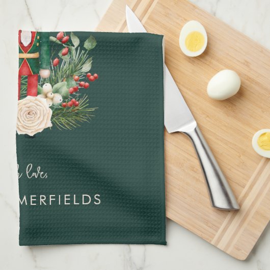 クリスマスホリデーズナツクラッカースクリプトファミリーカスタム キッチンタオル (四つ折り)