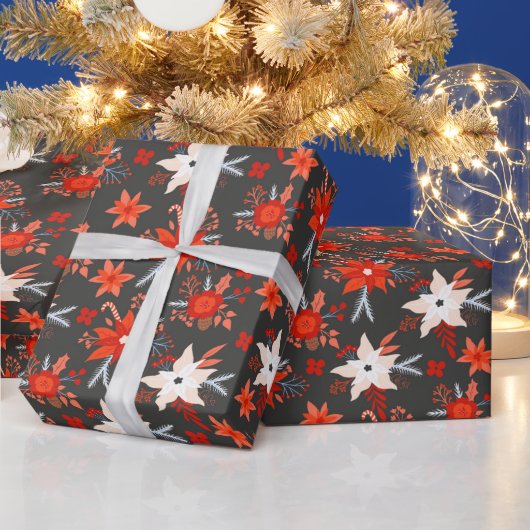 クリスマスホリデーズフェスティバルウィンターレッドピンクフローラ ラッピングペーパー (クリスマス)