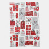 クリスマスホリデーズフェスティバルレッドシルバーギフトモダンズ キッチンタオル (縦)