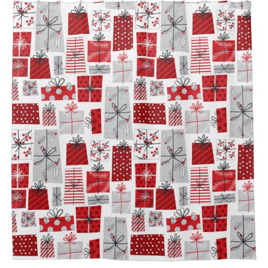 クリスマスホリデーズフェスティバルレッドシルバーギフトモダンズ シャワーカーテン (正面)
