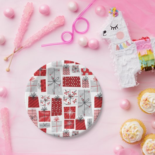 クリスマスホリデーズフェスティバルレッドシルバーギフトモダンズ ペーパープレート (パーティー)