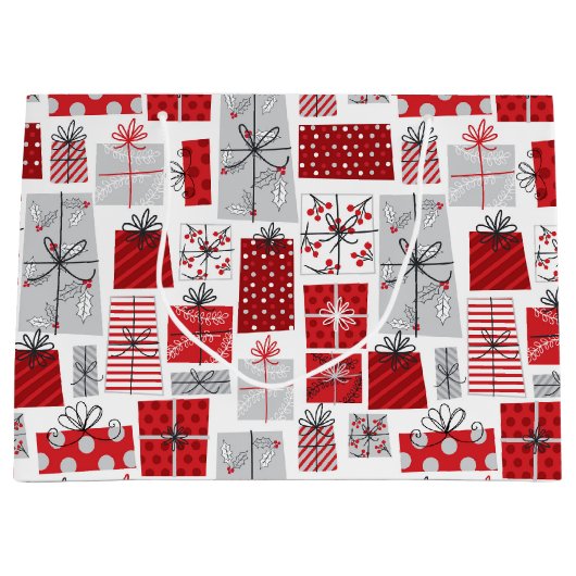 クリスマスホリデーズフェスティバルレッドシルバーギフトモダンズ ラージペーパーバッグ (正面)